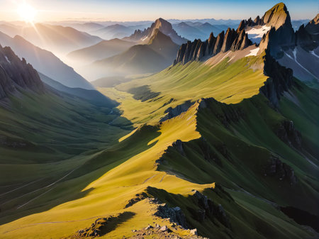 beautiful alpine meadows at sunset,の素材