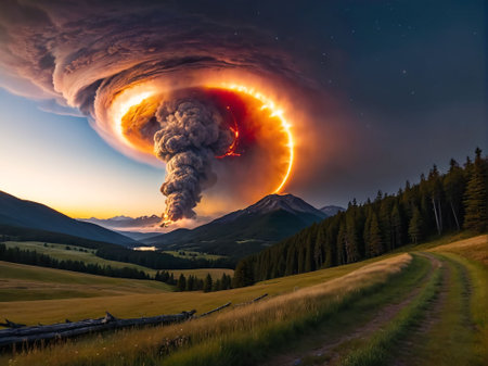 Atmospheric landscape with an explosion in the middle of the fieldの素材
