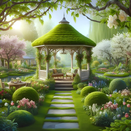 gazebo in the garden. 3d render illustration.の素材