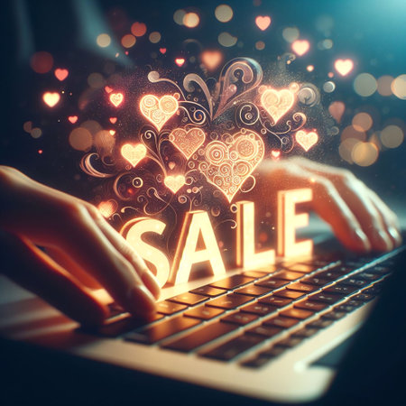 Hand typing on laptop with sale sign and hearts concept. 3D Renderingの素材