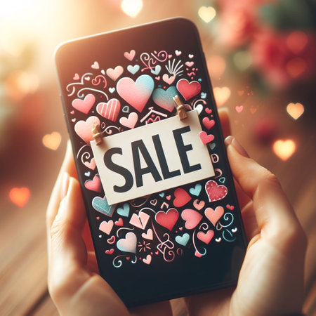 love, valentines day and people concept - close up of woman hands holding smartphone with sale text over bokeh backgroundの素材
