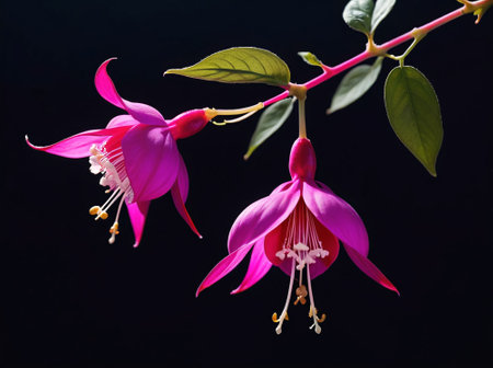 pink fuchsia flowers on a black background with copy spaceの素材