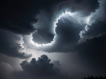 Dark stormy sky with dark clouds and sun rays, abstract backgroundの素材
