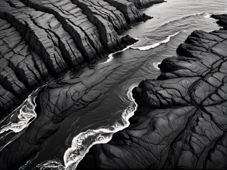 Fantastic black and white landscape image of a rocky ocean shore.の素材