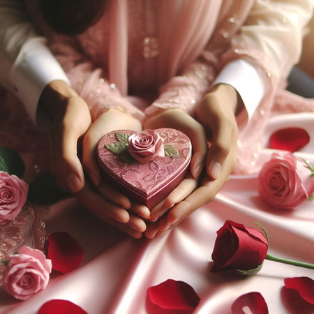 Valentine's day concept. Woman and man hands holding a heart shaped box with a roseの素材