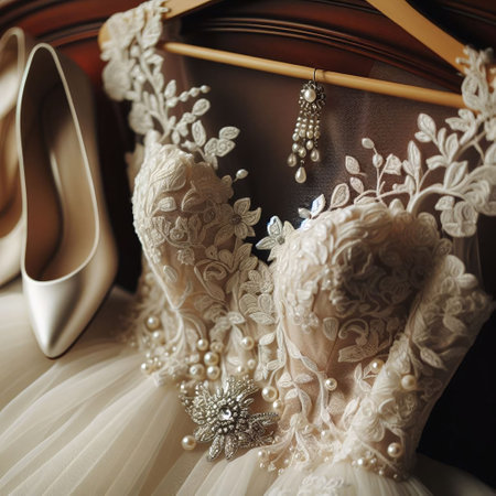 Wedding dress and accessories on a hanger in the studioの素材