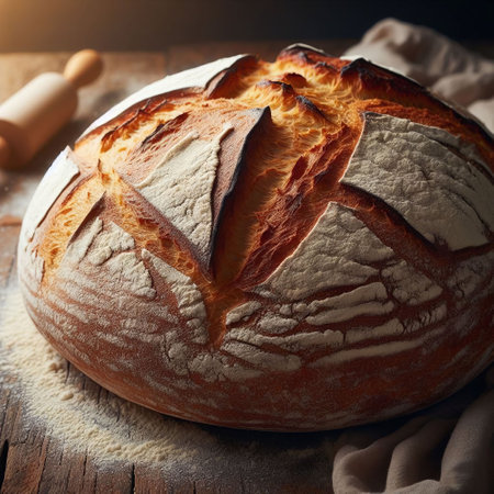 Freshly baked bread on a wooden table. Selective focus.の素材