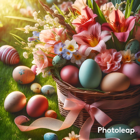 Easter eggs in a basket with flowers on the green grass.の素材