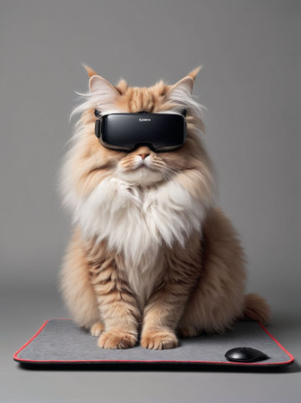 Cute Maine Coon cat in 3d glasses sitting on a weight scale.の素材