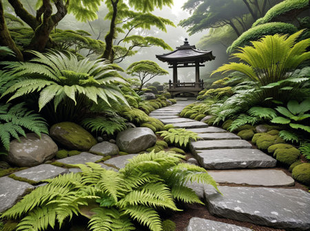 Beautiful japanese garden with ferns and stone pathの素材