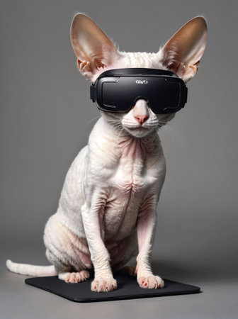 Sphynx cat wearing virtual reality glasses on gray background.の素材