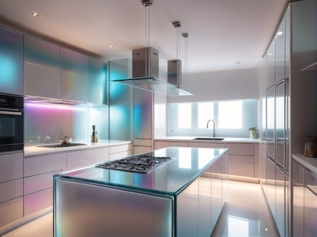 interior of new luxury house, kitchen and dining area. domestic kitchenの素材