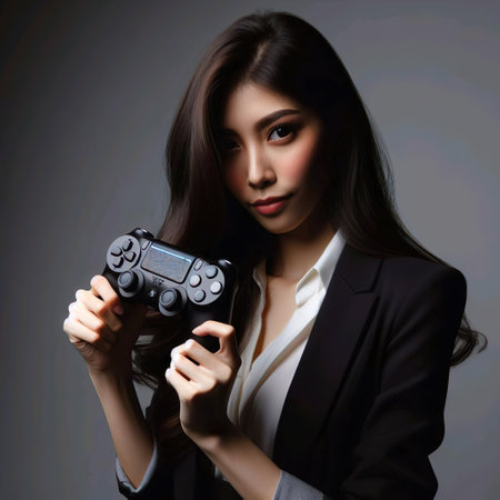 Portrait of a beautiful Asian woman in black suit holding gamepadの素材