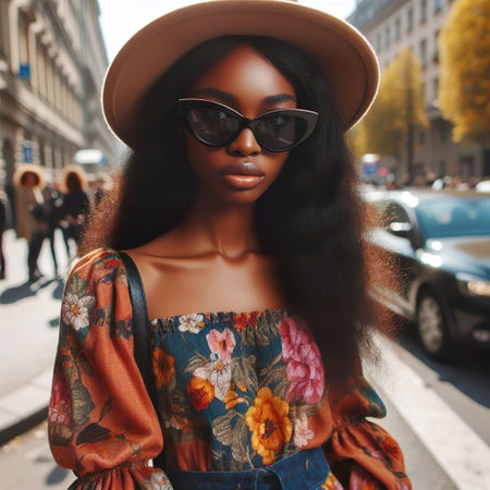 fashion outdoor photo of beautiful Afro-American woman with dark hair in elegant dress and hat posing in cityの素材