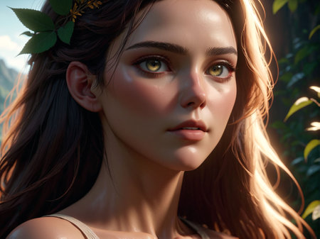 Portrait of a beautiful girl with long hair and green eyes.の素材