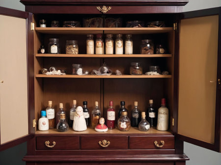 Vintage wooden cabinet with bottles of wine, perfume and other accessoriesの素材