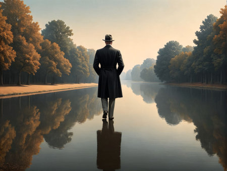 Man in a hat and coat standing on the bank of the riverの素材