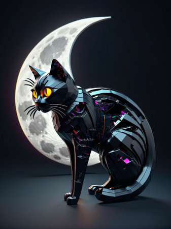 Cyborg cat with moon on black background. 3D rendering.の素材