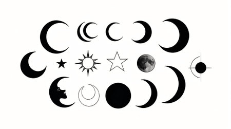 Moon phases. Black and white vector illustration isolated on white background.の素材