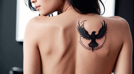 cropped view of tattooed woman with eagle on backの素材