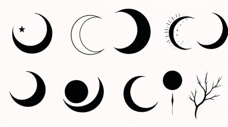 Vector set of crescent moon and star icons. Vector illustration.の素材