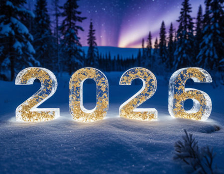 Happy New Year 2016 in the winter forest. 3d rendering.の素材