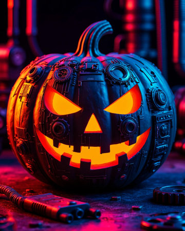 Halloween pumpkin head jack o lantern with glowing eyes and mouth.の素材