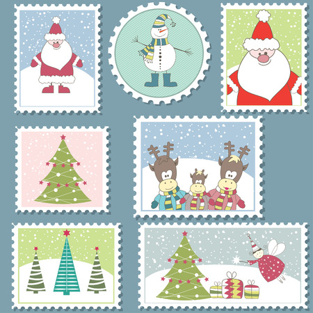 Large Set of colorful Christmas Postage stamps.Vector illustrationのイラスト素材