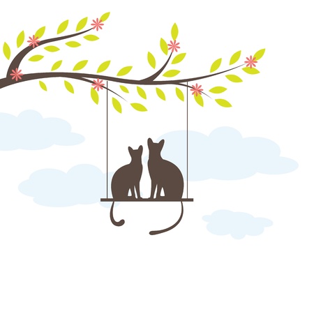 Two Black cat on  swing. Vector Illuatrationのイラスト素材