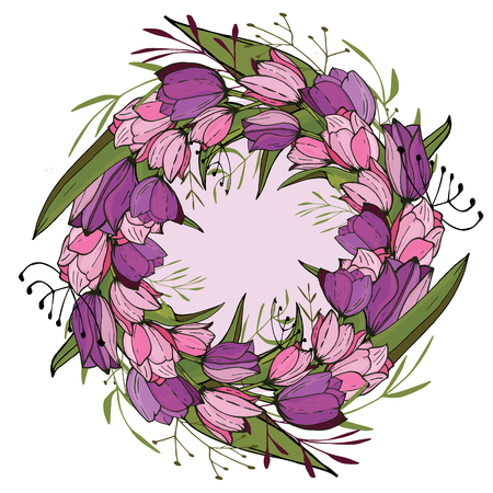 Round frame with tulips and herbs on white. Floral pattern for your wedding design, floral greeting cards, posters.のイラスト素材