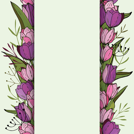 Square frame with tulips and herbs on white. Floral pattern for your wedding design, floral greeting cards, posters.のイラスト素材