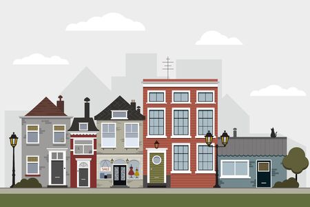 Retro sity. Town street flat vector with low-rise houses, commercial, public buildings in various architecture styles, sidewalk with city lights and road illustration. Vector stock illustration, EPS10のイラスト素材