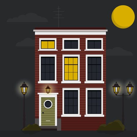 Retro house at night. Flat vector with low-rise house, building in retro architecture styles, with city lights and bush. Vector stock illustration.のイラスト素材