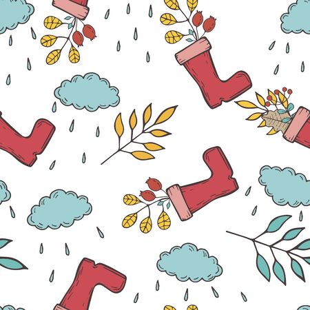 Seamless background pattern with leaf, plants, flowers, berries, rubber boots.  draw botanic vector illustration,  .のイラスト素材