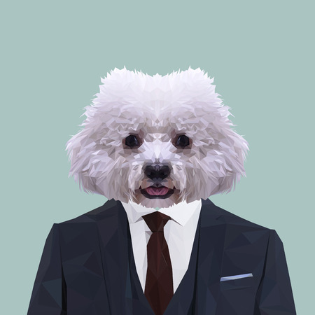 Bichon Frise dog animal dressed up in navy blue suit with red tie. Business man. Vector illustration.のイラスト素材