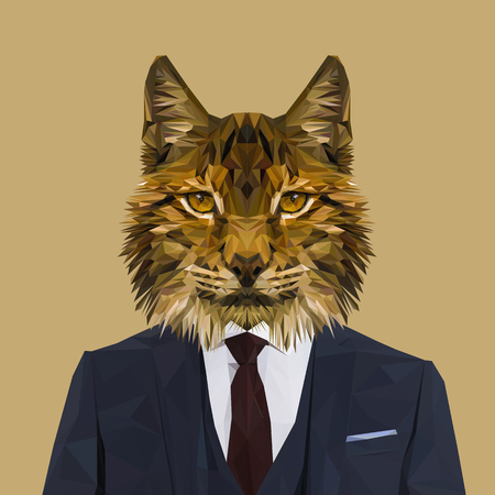 Lynx cat animal dressed up in navy blue suit with red tie. Business man. Vector illustration.のイラスト素材