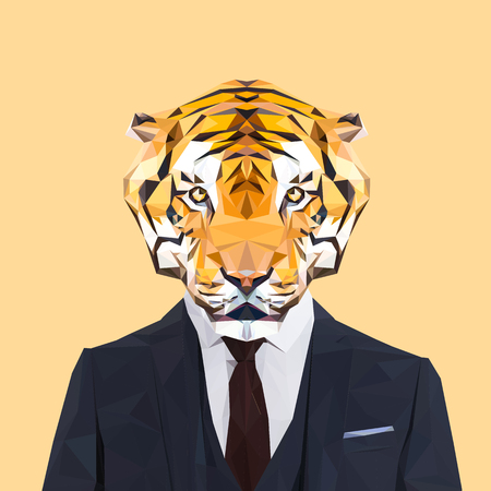 Tiger animal dressed up in navy blue suit with red tie. Business man. Vector illustration.のイラスト素材