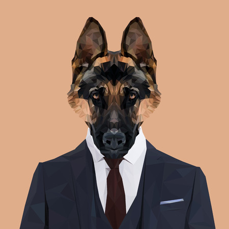 German Shepherd dog animal dressed up in navy blue suit with red tie. Business man. Vector illustration.のイラスト素材