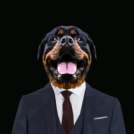 Rottweiler dog animal dressed up in navy blue suit with red tie. Business man. Vector illustration.のイラスト素材