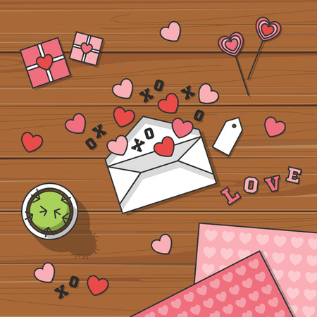 Valentine's day table with hearts and letter. Vector illustration.のイラスト素材