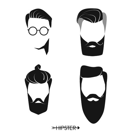 Set of hipster man haircuts, beards, mustaches. Simple design for logo, silhouette. Vector illustration.のイラスト素材
