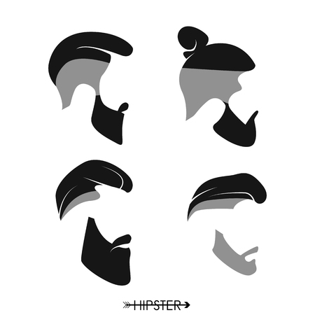 Set of hipster man haircuts, beards, mustaches. Simple design for logo, silhouette. Vector illustration.のイラスト素材