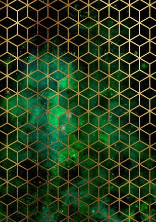 Watercolor marble background with geometric cube pattern.の写真素材
