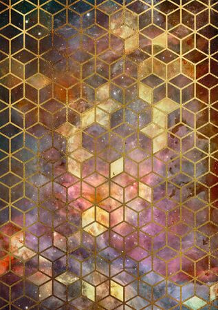 Watercolor marble background with geometric cube pattern.の写真素材