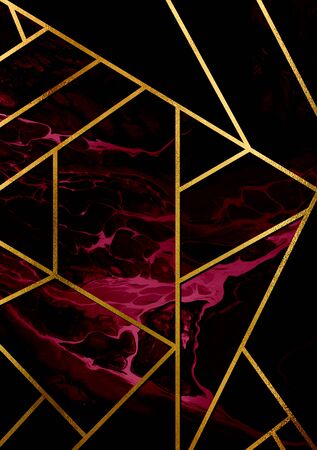 Modern colorful stylish abstract design poster with golden lines and liquid marble.の写真素材