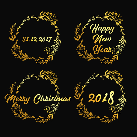 New Year and Merry Christmas signs in wreath with golden elements. Vector illustration.のイラスト素材