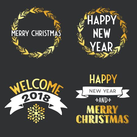 New Year and Merry Christmas signs with golden elements. Vector illustration.のイラスト素材