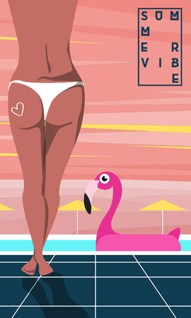Summer vibe. Girl standing next to the pool with flamingo. Vector illustration.のイラスト素材