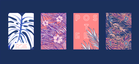 Poster with tropical flat geometric pattern. Cool colorful backgrounds. Applicable for Banners, Placards, Posters, Flyers. Vector illustration.のイラスト素材