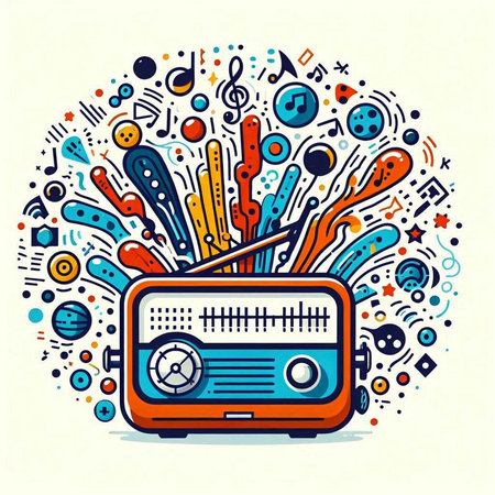Retro radio with musical notes. Vector illustration in flat style.のイラスト素材